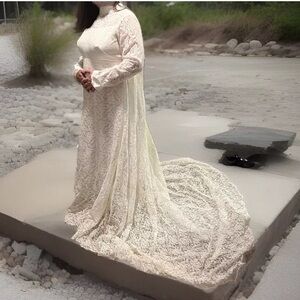 Vintage Net Lace Wedding Dress Bridal Gown